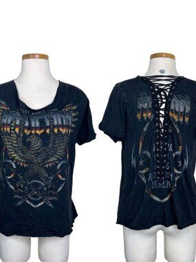 Affliction Distressed Graphic Relaxed Fit Faux Back Lace Up Tee T-Shirt Large